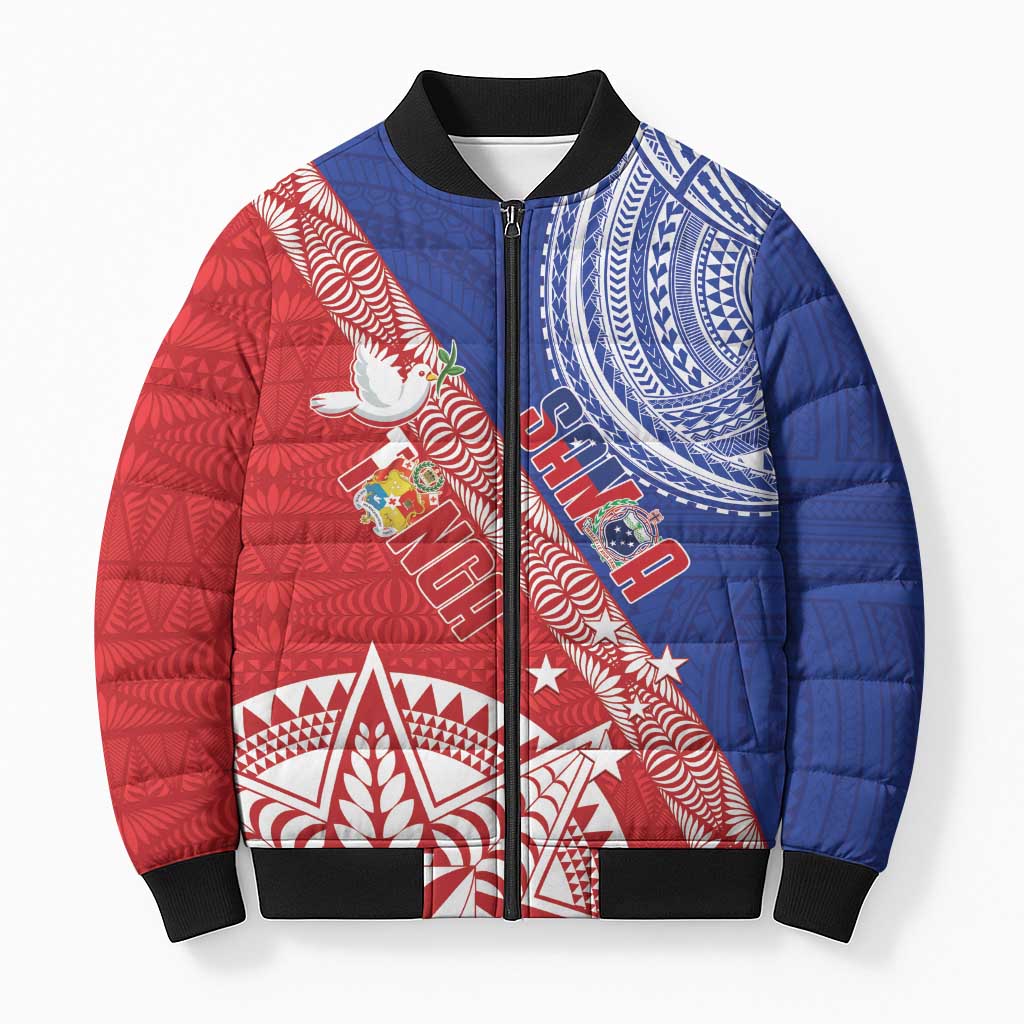 Tonga and Samoa Rugby Custom Bomber Puffer Jacket Ikale Tahi Manu Samoa Together LT14 Unisex Red - Polynesian Pride