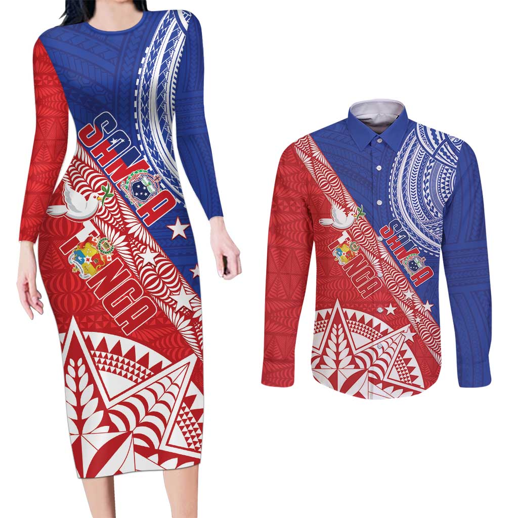 Tonga and Samoa Rugby Custom Couples Matching Long Sleeve Bodycon Dress and Long Sleeve Button Shirt Ikale Tahi Manu Samoa Together LT14 Red - Polynesian Pride
