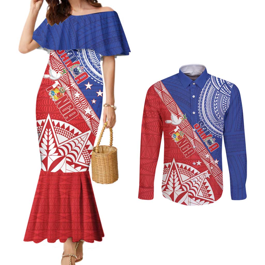 Tonga and Samoa Rugby Custom Couples Matching Mermaid Dress and Long Sleeve Button Shirt Ikale Tahi Manu Samoa Together LT14 Red - Polynesian Pride