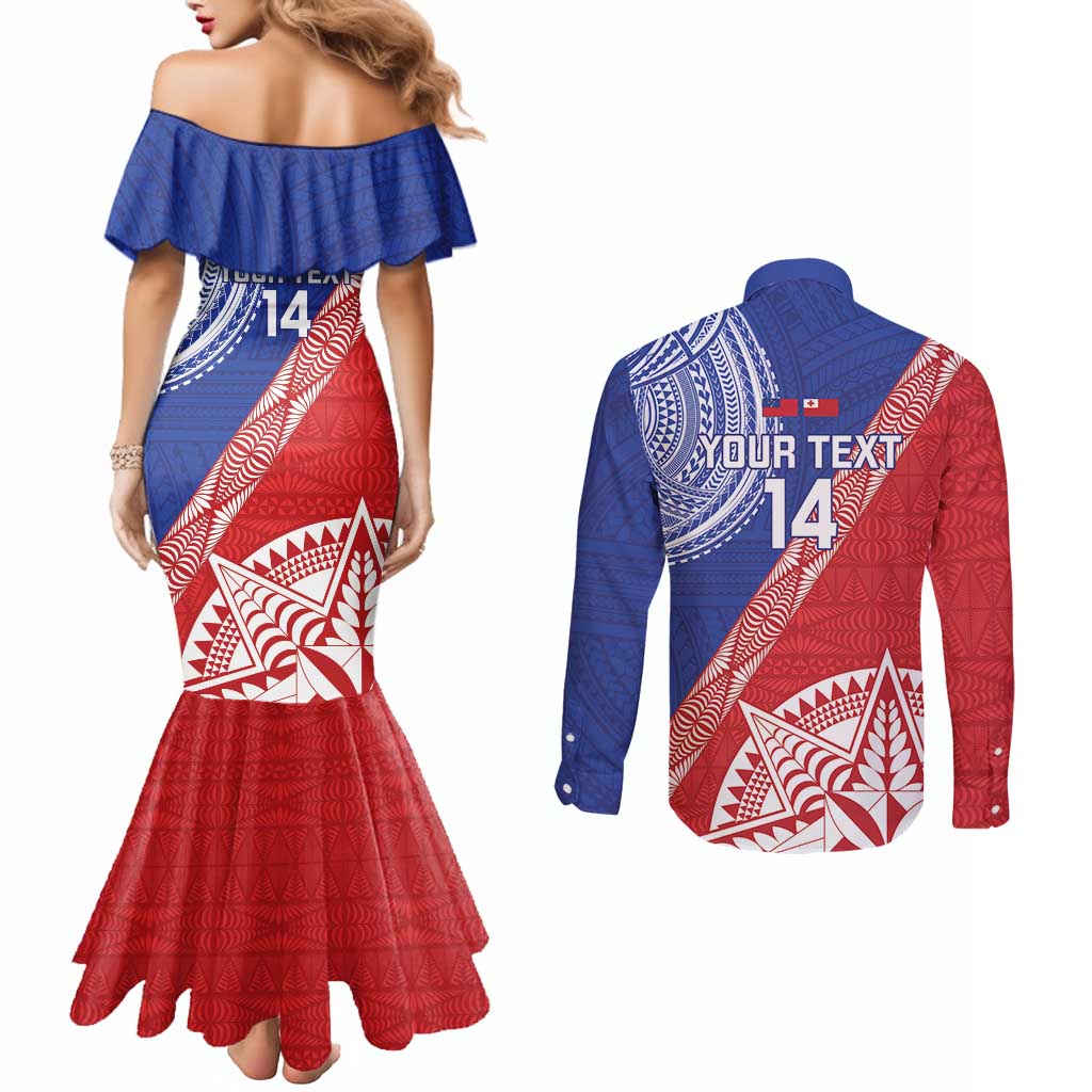 Tonga and Samoa Rugby Custom Couples Matching Mermaid Dress and Long Sleeve Button Shirt Ikale Tahi Manu Samoa Together LT14 - Polynesian Pride