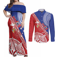Tonga and Samoa Rugby Custom Couples Matching Off Shoulder Maxi Dress and Long Sleeve Button Shirt Ikale Tahi Manu Samoa Together - Polynesian Pride