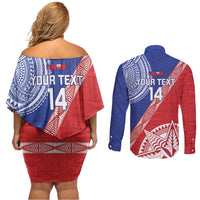 Tonga and Samoa Rugby Custom Couples Matching Off Shoulder Short Dress and Long Sleeve Button Shirt Ikale Tahi Manu Samoa Together - Polynesian Pride