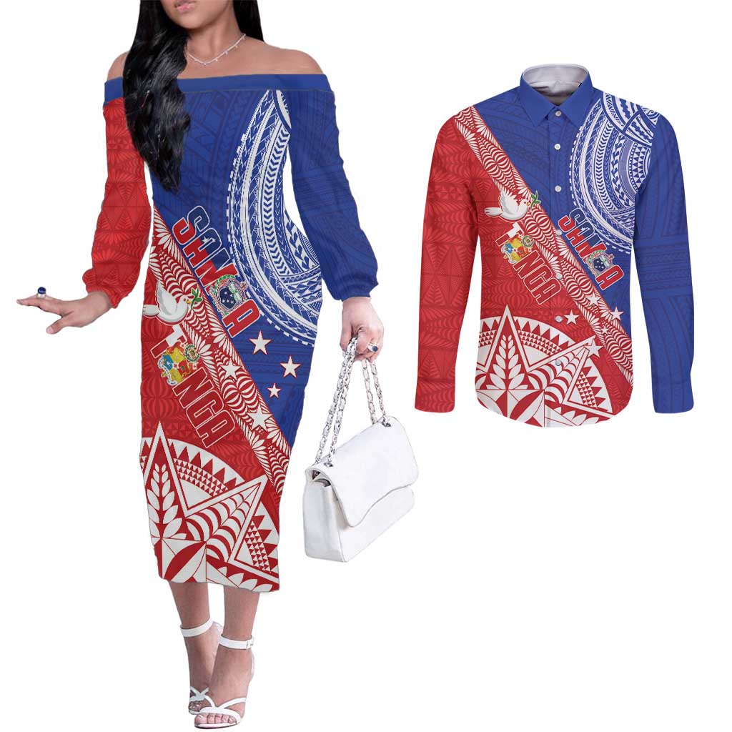 Tonga and Samoa Rugby Custom Couples Matching Off The Shoulder Long Sleeve Dress and Long Sleeve Button Shirt Ikale Tahi Manu Samoa Together LT14 Red - Polynesian Pride