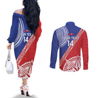 Tonga and Samoa Rugby Custom Couples Matching Off The Shoulder Long Sleeve Dress and Long Sleeve Button Shirt Ikale Tahi Manu Samoa Together LT14 - Polynesian Pride