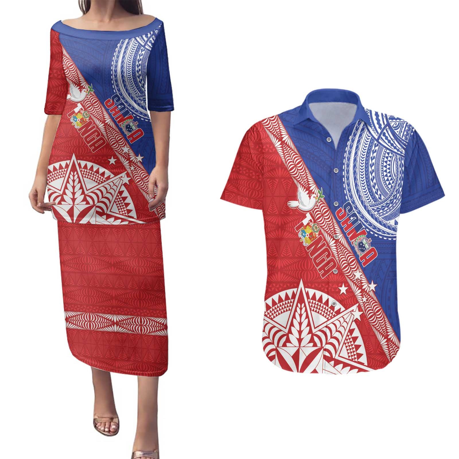 Tonga and Samoa Rugby Custom Couples Matching Puletasi and Hawaiian Shirt Ikale Tahi Manu Samoa Together LT14 Red - Polynesian Pride