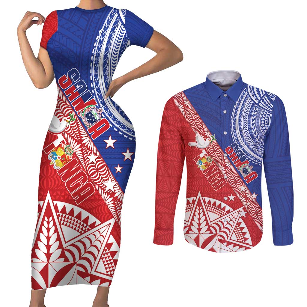 Tonga and Samoa Rugby Custom Couples Matching Short Sleeve Bodycon Dress and Long Sleeve Button Shirt Ikale Tahi Manu Samoa Together LT14 Red - Polynesian Pride