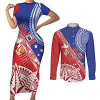 Tonga and Samoa Rugby Custom Couples Matching Short Sleeve Bodycon Dress and Long Sleeve Button Shirt Ikale Tahi Manu Samoa Together LT14 Red - Polynesian Pride