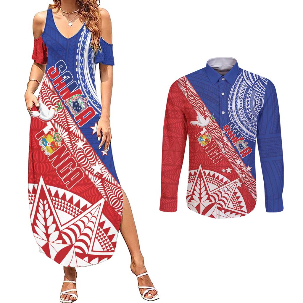 Tonga and Samoa Rugby Custom Couples Matching Summer Maxi Dress and Long Sleeve Button Shirt Ikale Tahi Manu Samoa Together LT14 Red - Polynesian Pride
