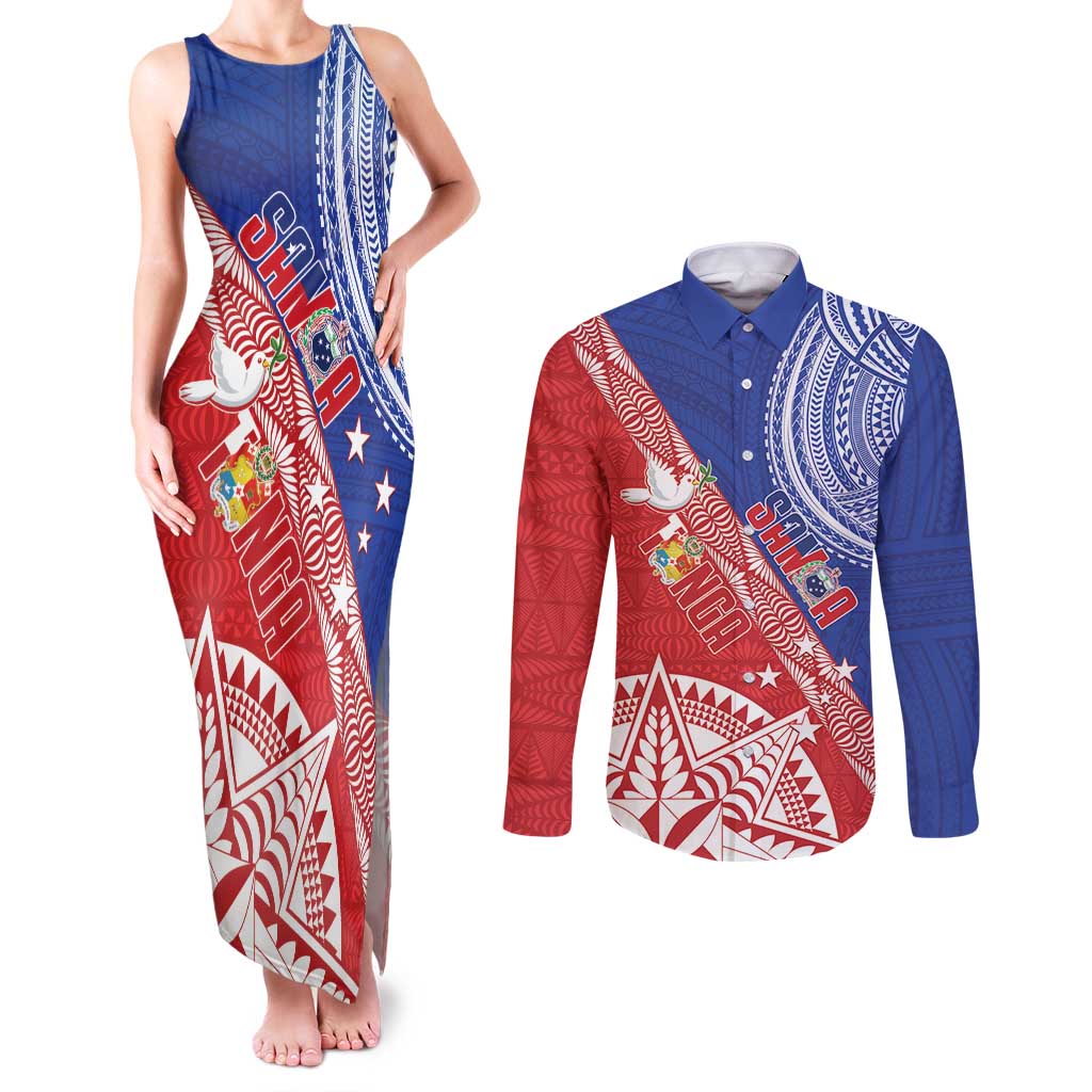 Tonga and Samoa Rugby Custom Couples Matching Tank Maxi Dress and Long Sleeve Button Shirt Ikale Tahi Manu Samoa Together LT14 Red - Polynesian Pride