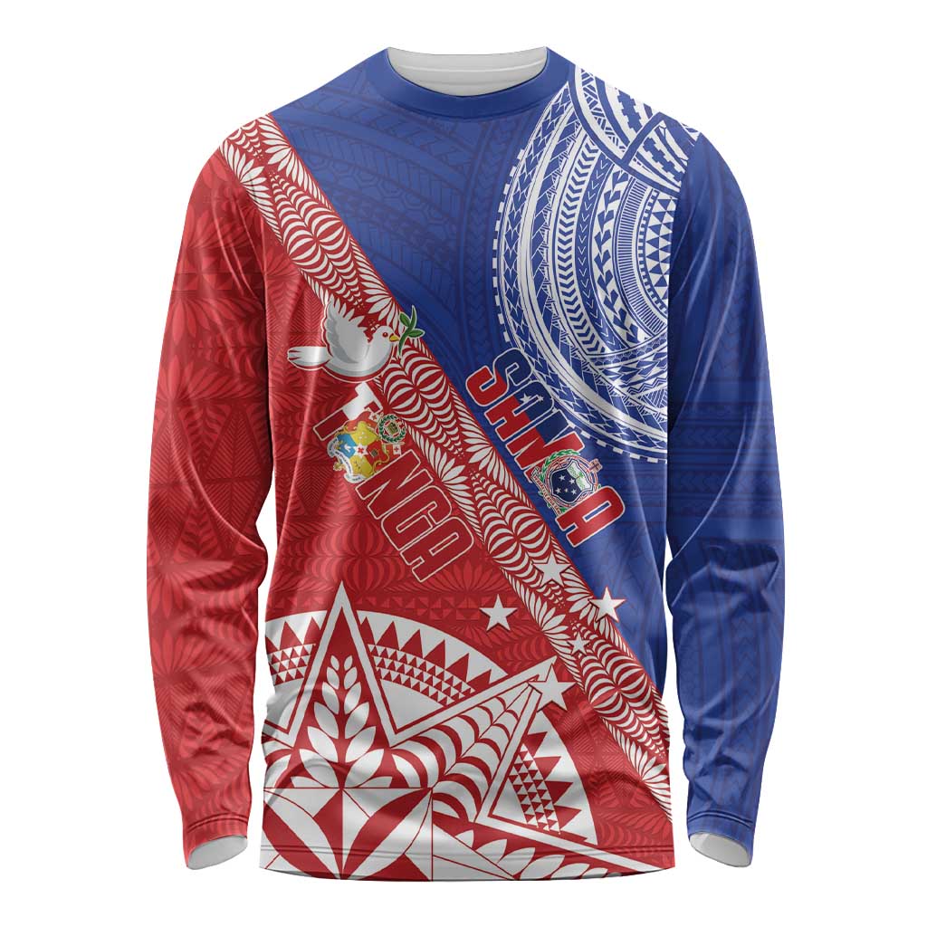 Tonga and Samoa Rugby Custom Long Sleeve Shirt Ikale Tahi Manu Samoa Together LT14 Unisex Red - Polynesian Pride