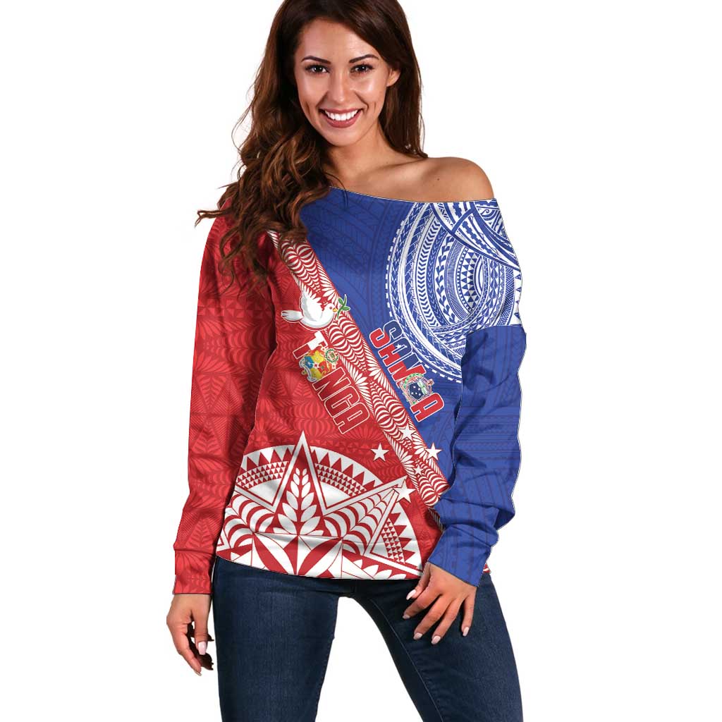 Tonga and Samoa Rugby Custom Off Shoulder Sweater Ikale Tahi Manu Samoa Together - Polynesian Pride