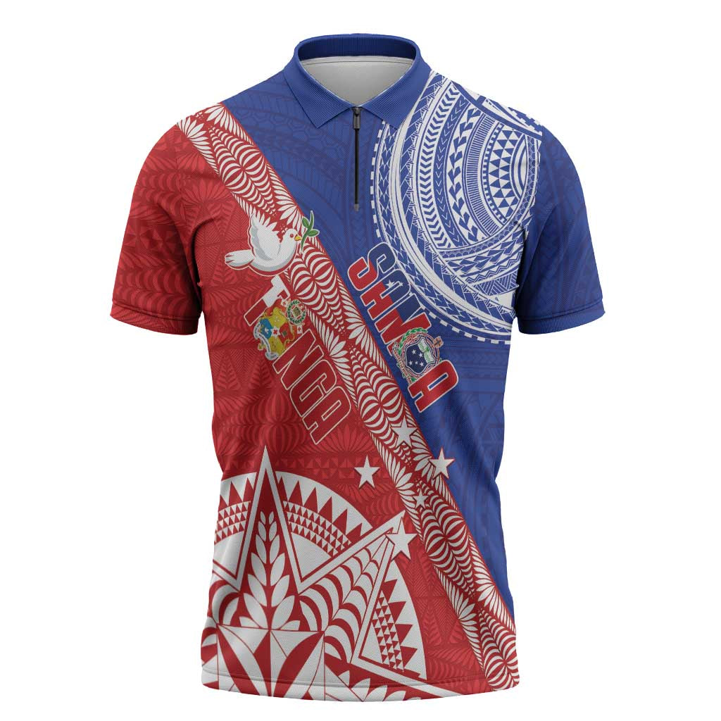 Tonga and Samoa Rugby Custom Zipper Polo Shirt Ikale Tahi Manu Samoa Together - Polynesian Pride