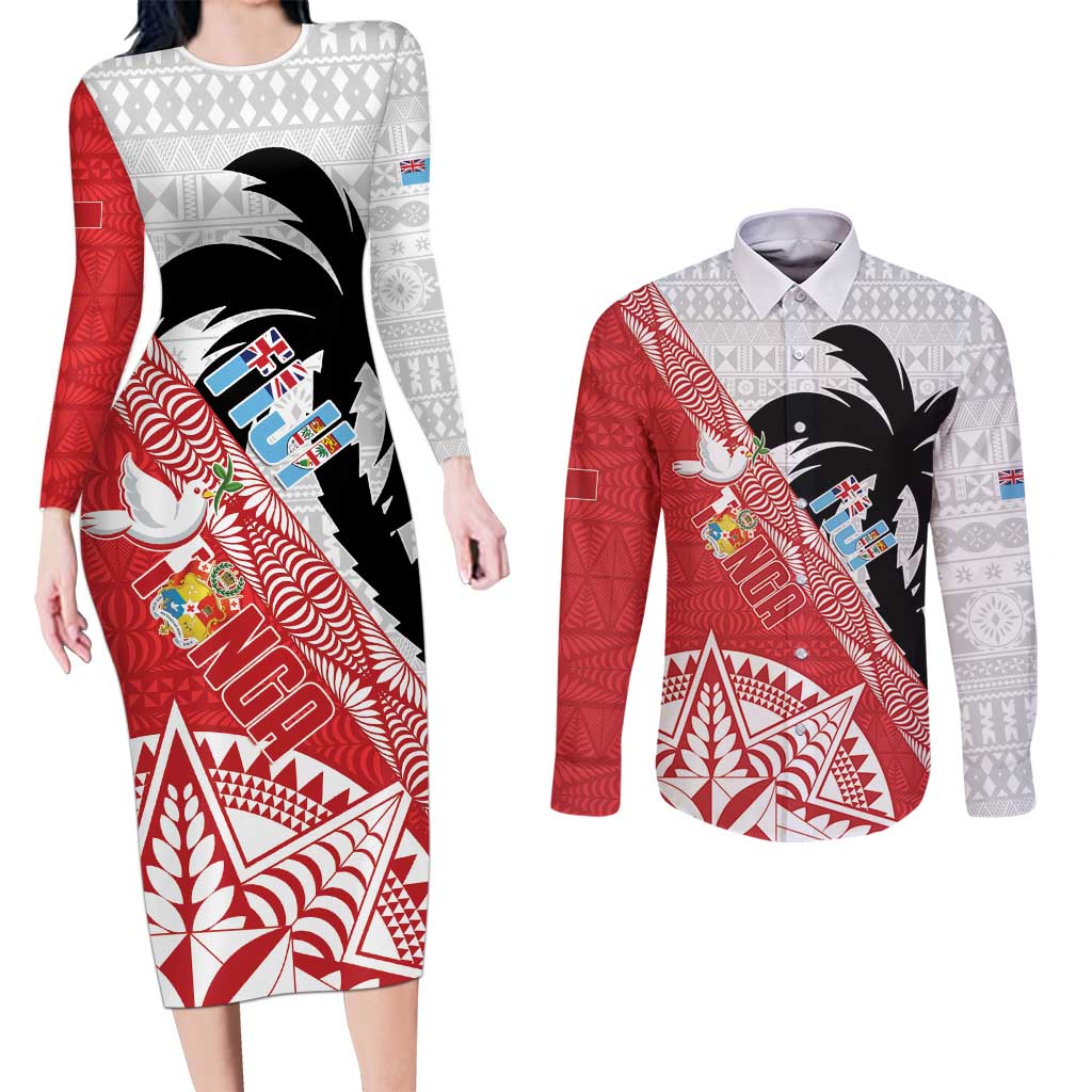 Fiji and Tonga Rugby Custom Couples Matching Long Sleeve Bodycon Dress and Long Sleeve Button Shirt Flying Fijians Ikale Tahi Together Pacific - Polynesian Pride