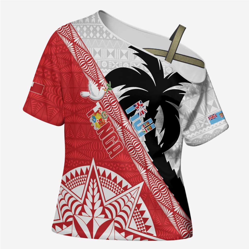 Fiji and Tonga Rugby Custom Cross Shoulder Shirt Flying Fijians Ikale Tahi Together Pacific - Polynesian Pride