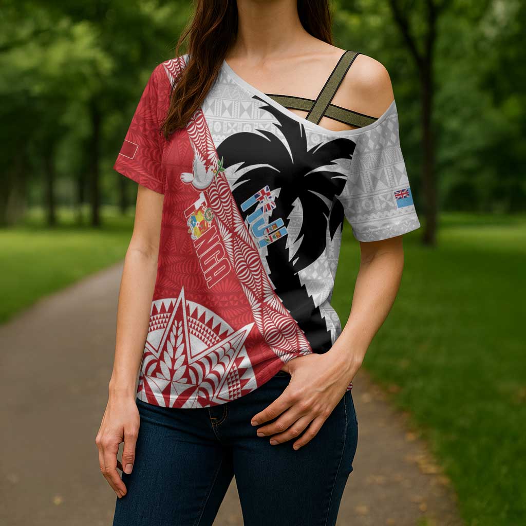 Fiji and Tonga Rugby Custom Cross Shoulder Shirt Flying Fijians Ikale Tahi Together Pacific - Polynesian Pride