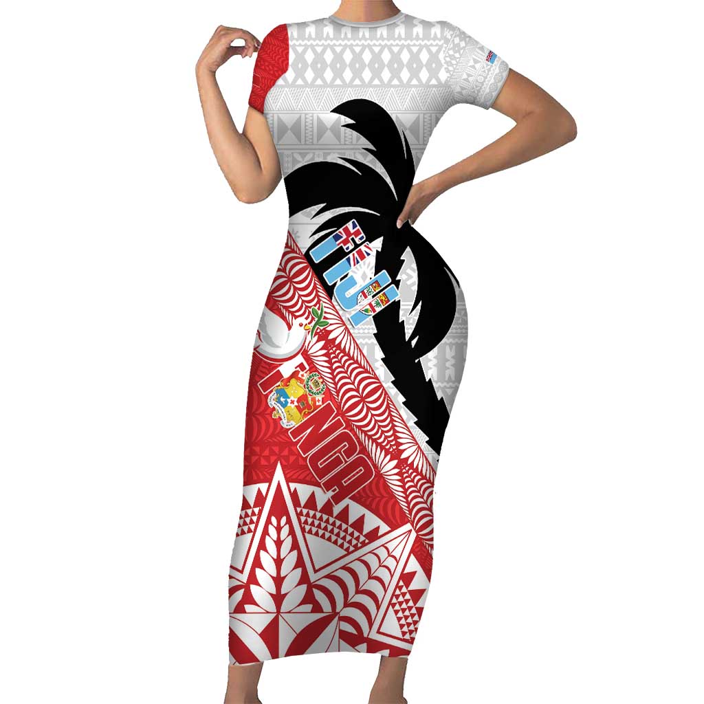 Fiji and Tonga Rugby Custom Family Matching Short Sleeve Bodycon Dress and Hawaiian Shirt Flying Fijians Ikale Tahi Together Pacific - Polynesian Pride