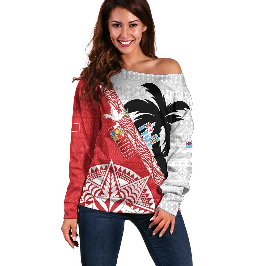 Fiji and Tonga Rugby Custom Off Shoulder Sweater Flying Fijians Ikale Tahi Together Pacific - Polynesian Pride