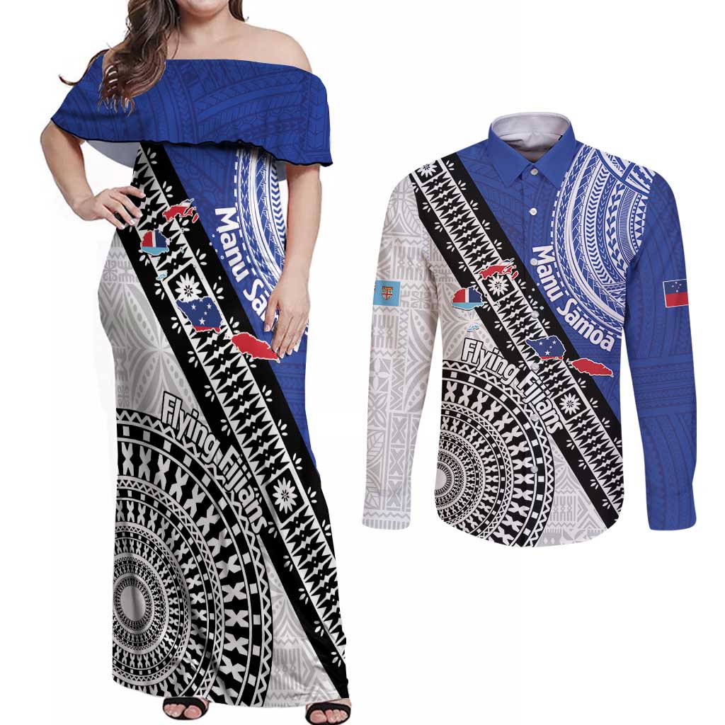 Fiji an Samoa Rugby Custom Couples Matching Off Shoulder Maxi Dress and Long Sleeve Button Shirt Flying Fijians Manu Samoa Together Pacific - Polynesian Pride