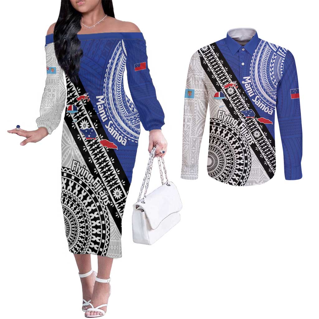 Fiji an Samoa Rugby Custom Couples Matching Off The Shoulder Long Sleeve Dress and Long Sleeve Button Shirt Flying Fijians Manu Samoa Together Pacific - Polynesian Pride