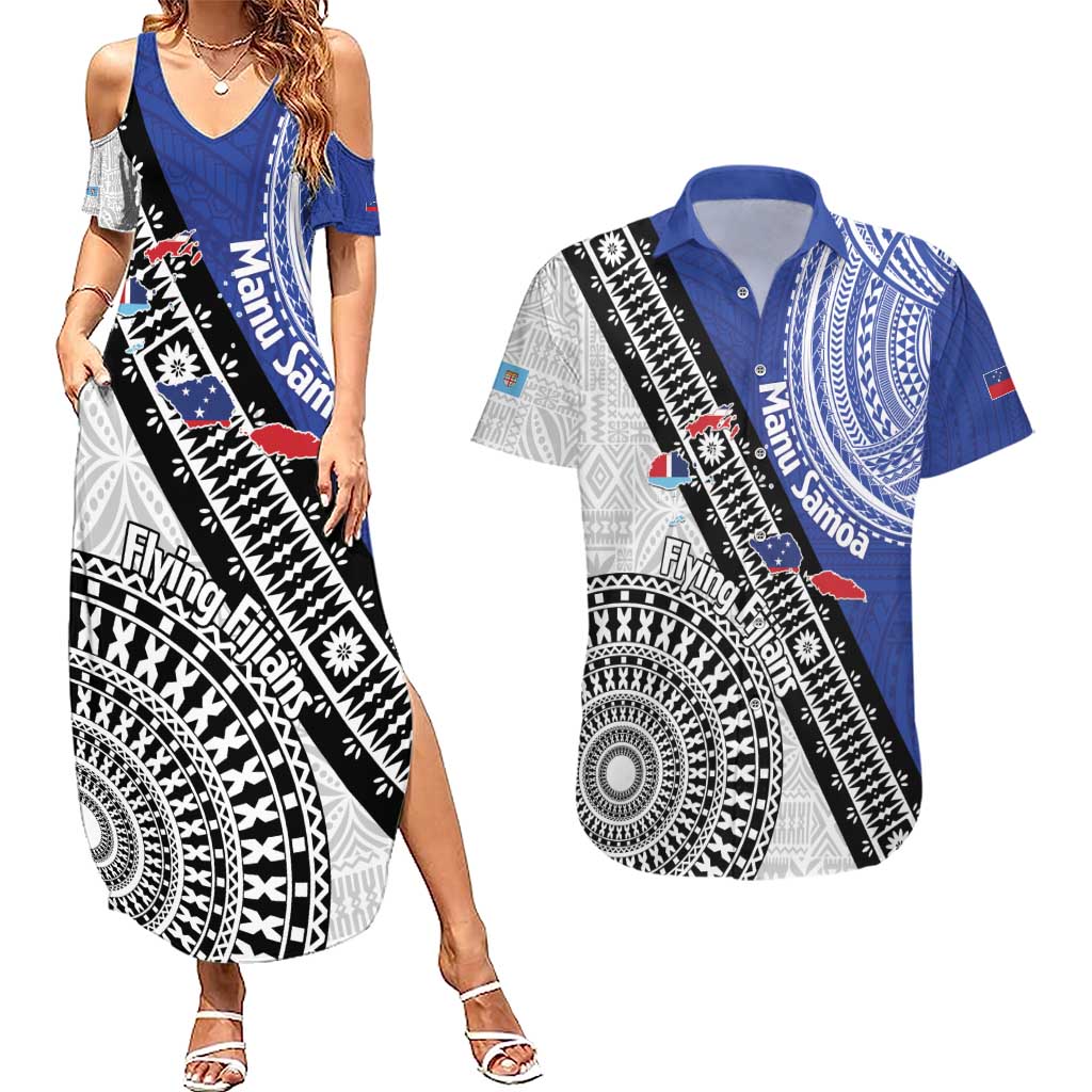 Fiji an Samoa Rugby Custom Couples Matching Summer Maxi Dress and Hawaiian Shirt Flying Fijians Manu Samoa Together Pacific - Polynesian Pride