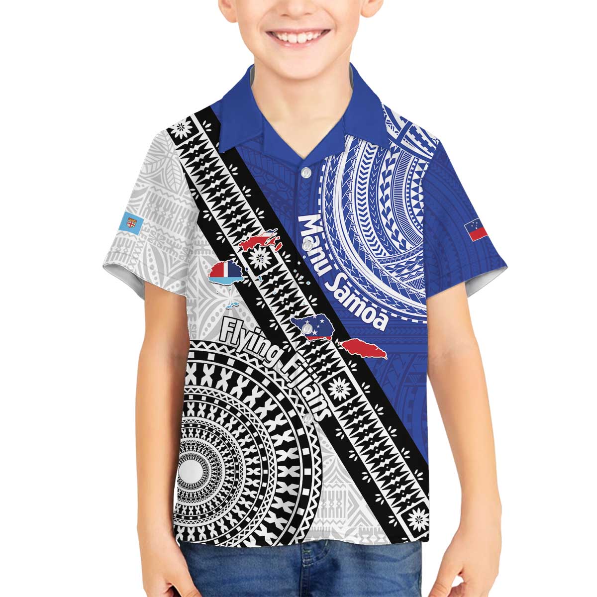 Fiji an Samoa Rugby Custom Family Matching Off The Shoulder Long Sleeve Dress and Hawaiian Shirt Flying Fijians Manu Samoa Together Pacific - Polynesian Pride