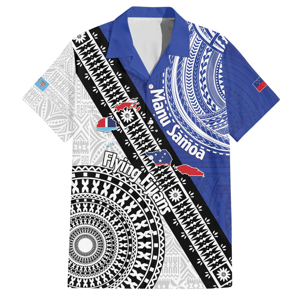 Fiji an Samoa Rugby Custom Family Matching Off Shoulder Short Dress and Hawaiian Shirt Flying Fijians Manu Samoa Together Pacific - Polynesian Pride