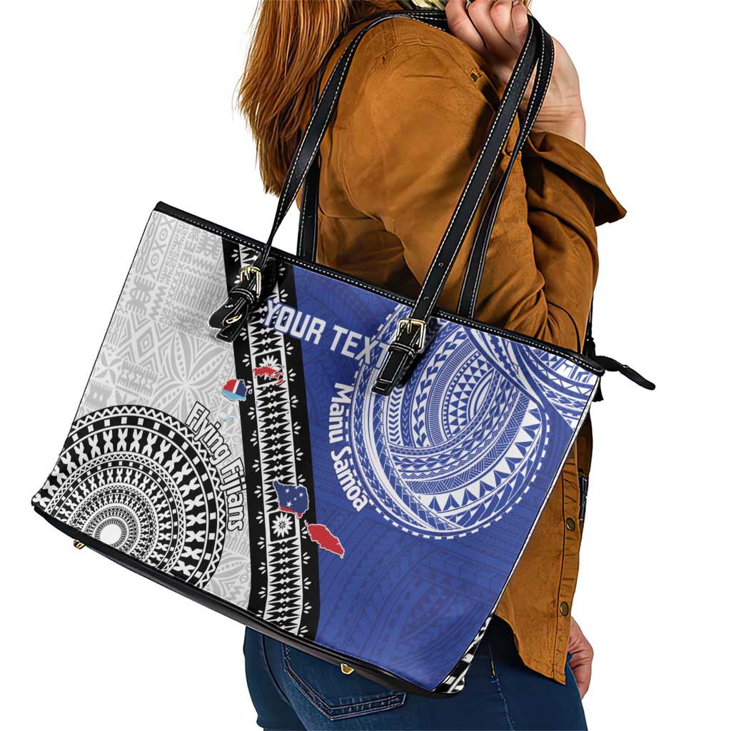 Fiji an Samoa Rugby Custom Leather Tote Bag Flying Fijians Manu Samoa Together Pacific - Polynesian Pride
