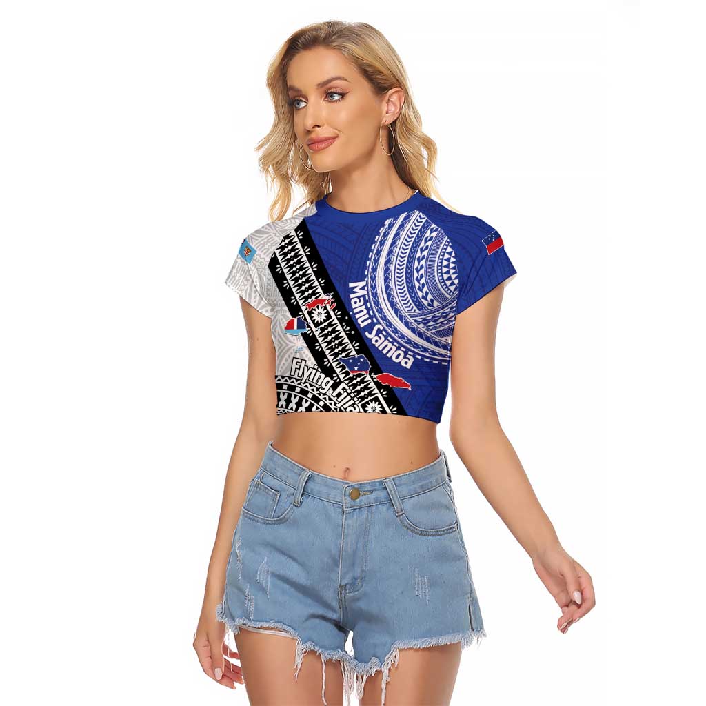 Fiji an Samoa Rugby Custom Raglan Cropped T Shirt Flying Fijians Manu Samoa Together Pacific - Polynesian Pride