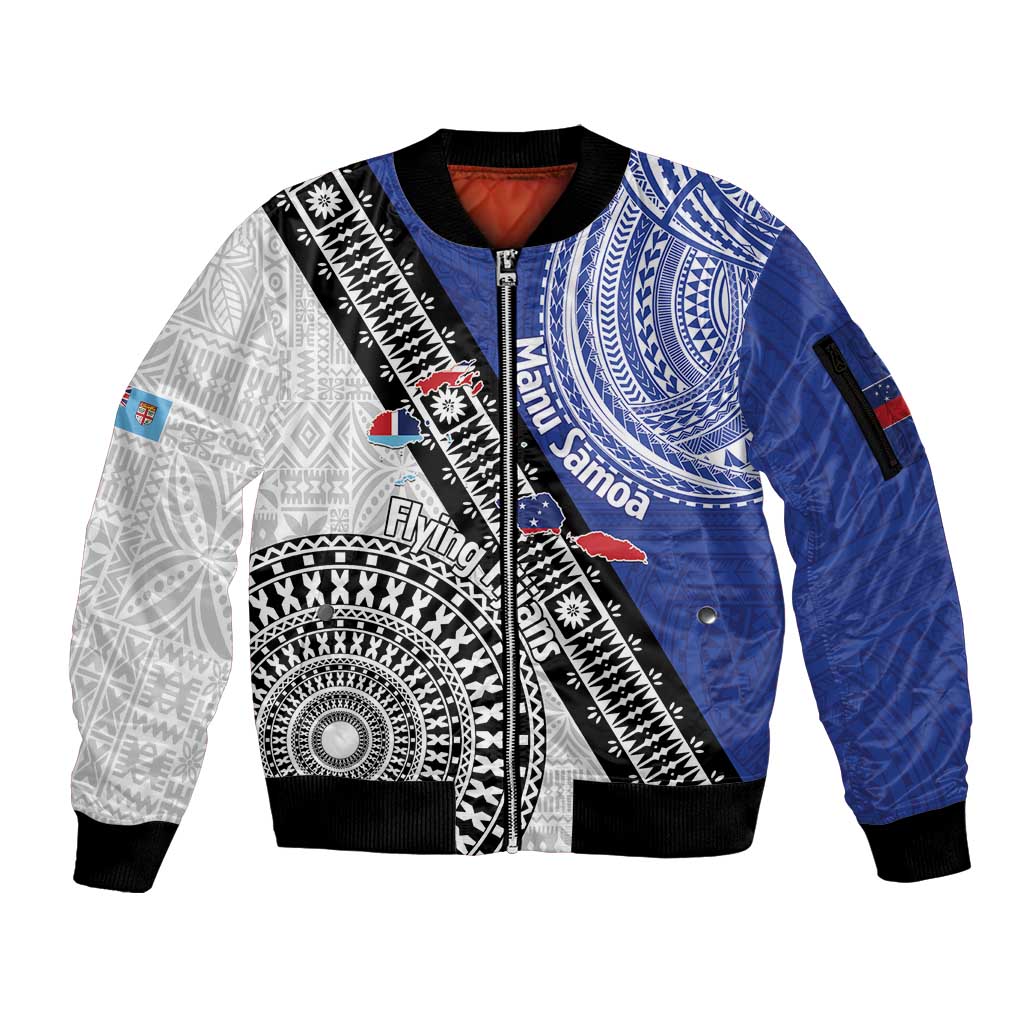 Fiji an Samoa Rugby Custom Sleeve Zip Bomber Jacket Flying Fijians Manu Samoa Together Pacific - Polynesian Pride