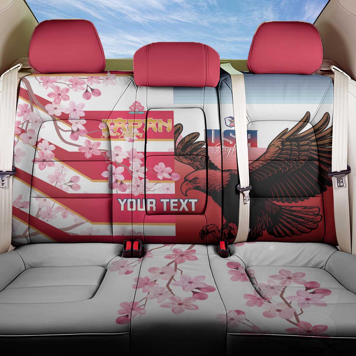 USA and Japan Rugby Custom Back Car Seat Cover Eagles Brave Blossoms Together Pacific - Polynesian Pride