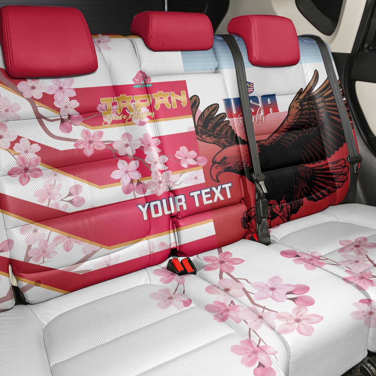 USA and Japan Rugby Custom Back Car Seat Cover Eagles Brave Blossoms Together Pacific - Polynesian Pride