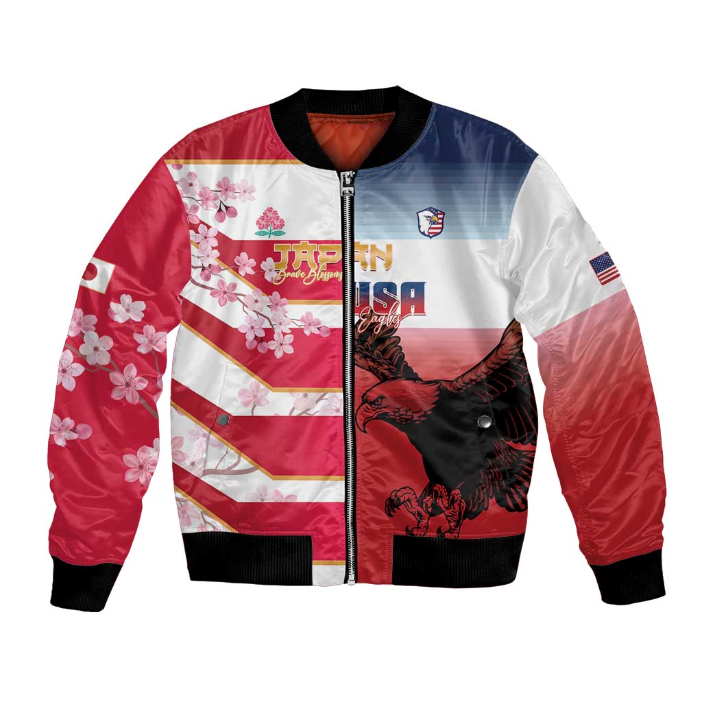 USA and Japan Rugby Custom Bomber Jacket Eagles Brave Blossoms Together Pacific - Polynesian Pride
