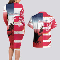 USA and Japan Rugby Custom Couples Matching Long Sleeve Bodycon Dress and Hawaiian Shirt Eagles Brave Blossoms Together Pacific - Polynesian Pride
