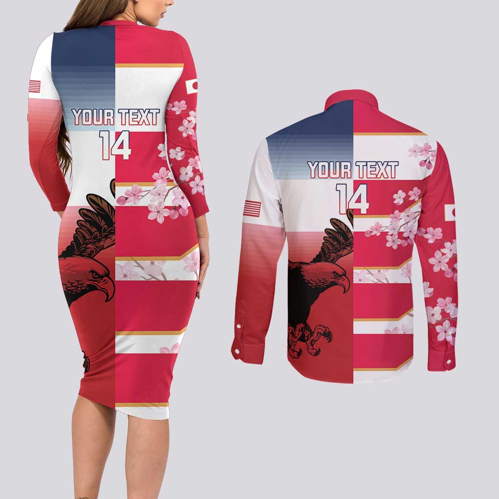 USA and Japan Rugby Custom Couples Matching Long Sleeve Bodycon Dress and Long Sleeve Button Shirt Eagles Brave Blossoms Together Pacific LT14 - Polynesian Pride