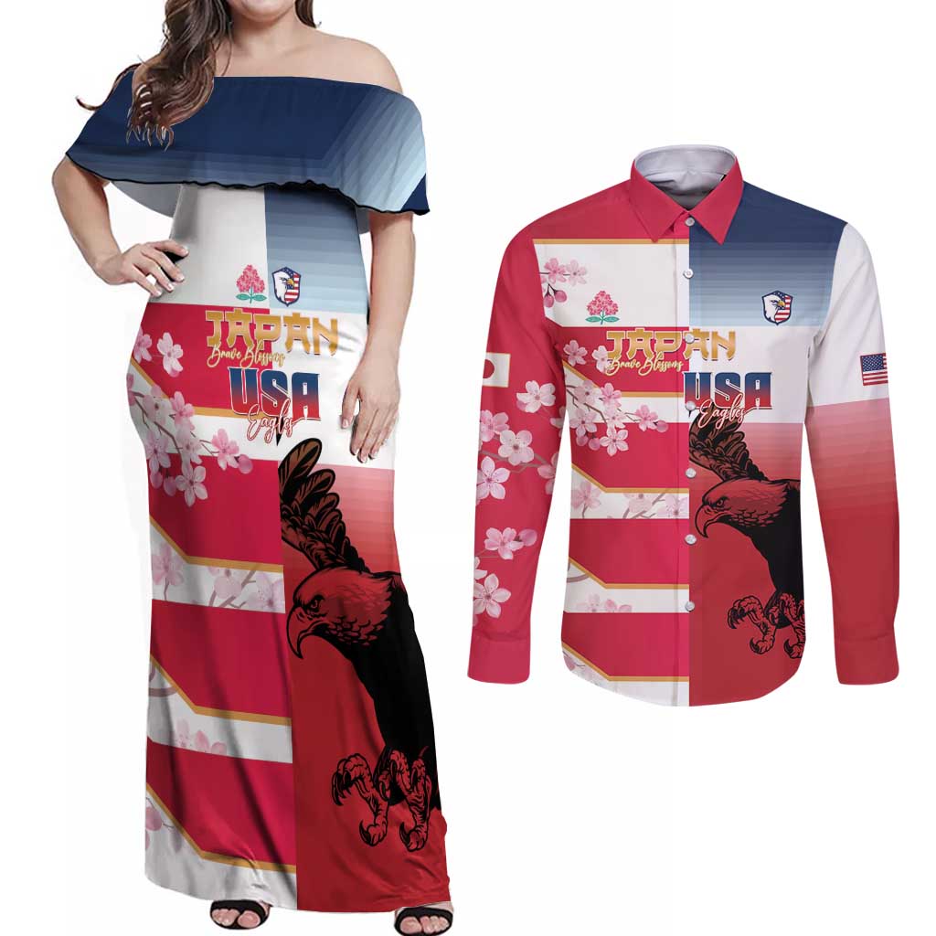 USA and Japan Rugby Custom Couples Matching Off Shoulder Maxi Dress and Long Sleeve Button Shirt Eagles Brave Blossoms Together Pacific - Polynesian Pride