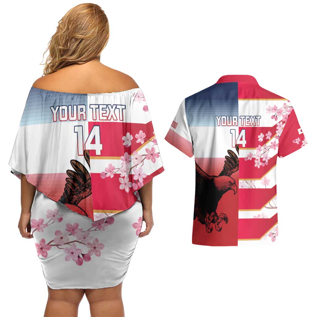USA and Japan Rugby Custom Couples Matching Off Shoulder Short Dress and Hawaiian Shirt Eagles Brave Blossoms Together Pacific - Polynesian Pride