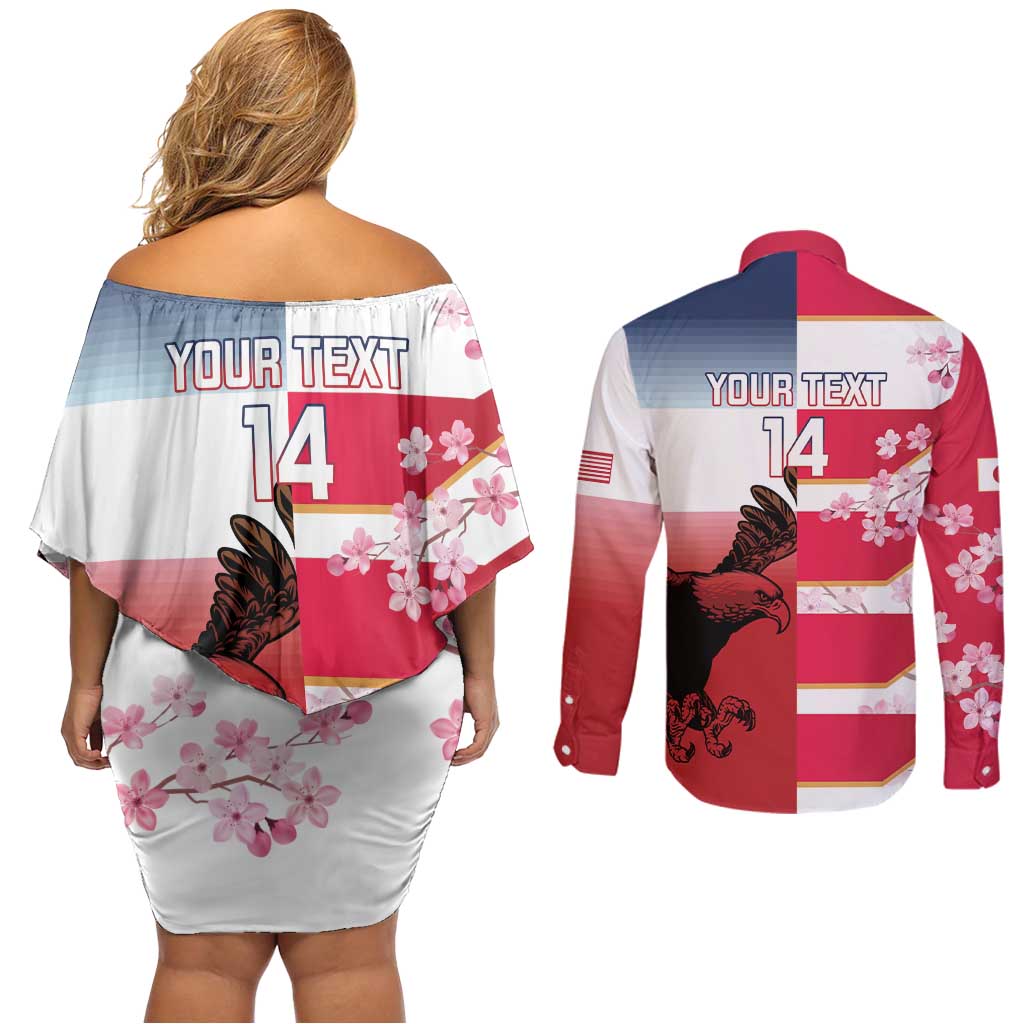 USA and Japan Rugby Custom Couples Matching Off Shoulder Short Dress and Long Sleeve Button Shirt Eagles Brave Blossoms Together Pacific - Polynesian Pride