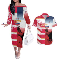 USA and Japan Rugby Custom Couples Matching Off The Shoulder Long Sleeve Dress and Hawaiian Shirt Eagles Brave Blossoms Together Pacific - Polynesian Pride