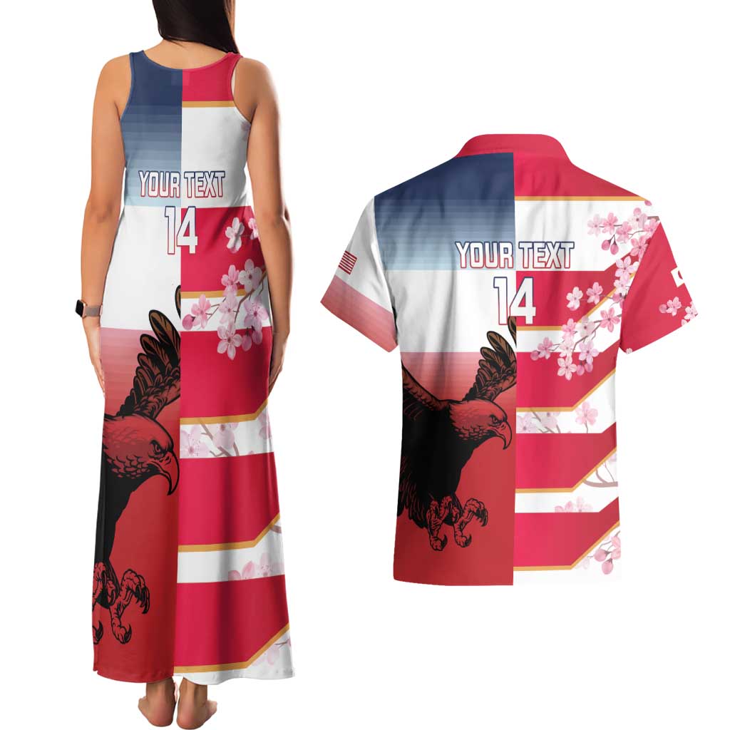 USA and Japan Rugby Custom Couples Matching Tank Maxi Dress and Hawaiian Shirt Eagles Brave Blossoms Together Pacific - Polynesian Pride