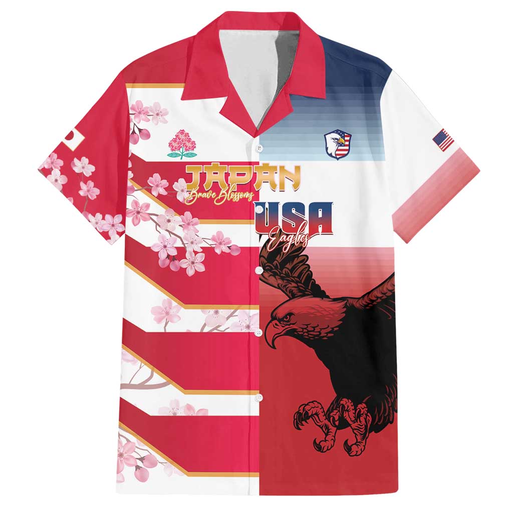 USA and Japan Rugby Custom Family Matching Long Sleeve Bodycon Dress and Hawaiian Shirt Eagles Brave Blossoms Together Pacific - Polynesian Pride