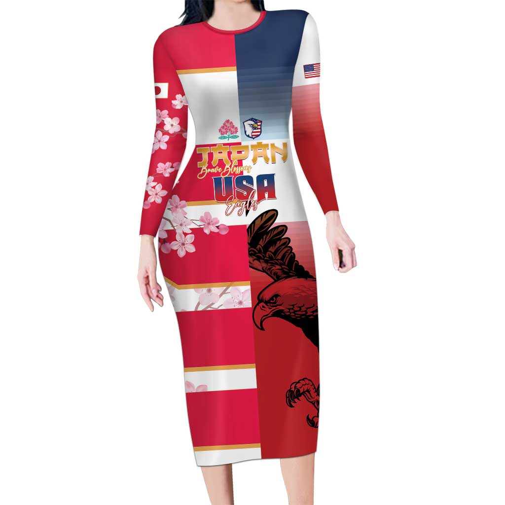 USA and Japan Rugby Custom Family Matching Long Sleeve Bodycon Dress and Hawaiian Shirt Eagles Brave Blossoms Together Pacific - Polynesian Pride