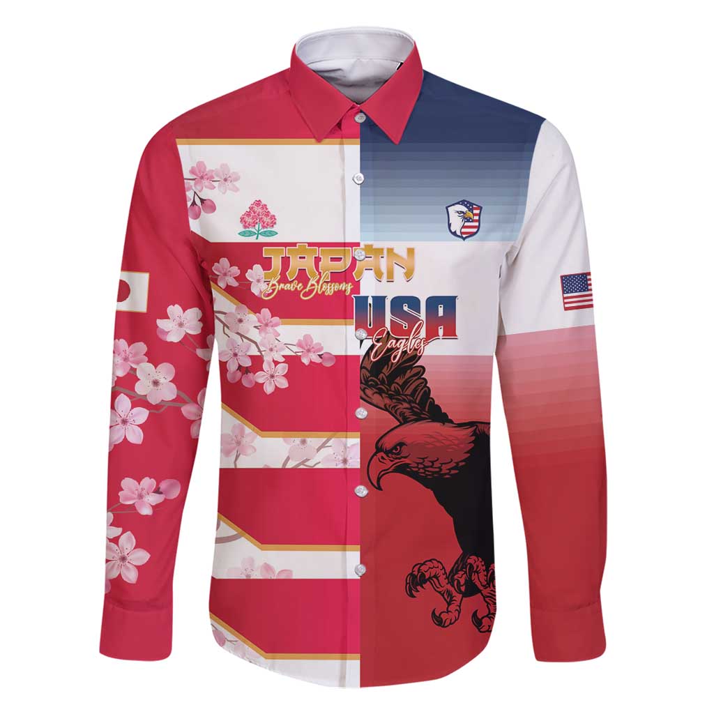 USA and Japan Rugby Custom Family Matching Mermaid Dress and Hawaiian Shirt Eagles Brave Blossoms Together Pacific - Polynesian Pride