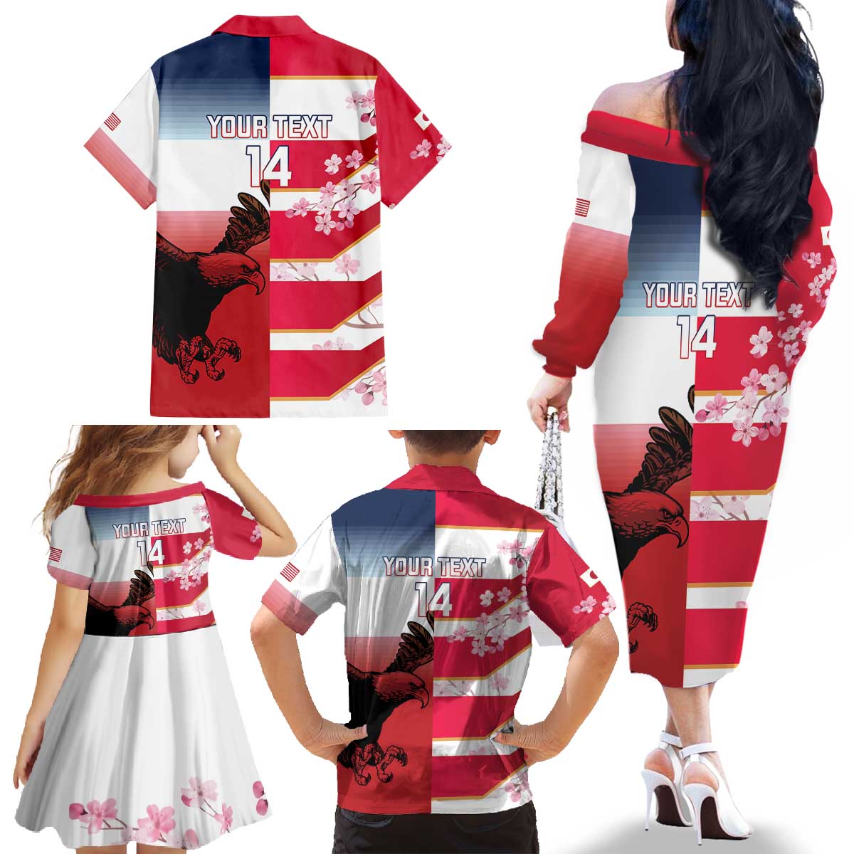 USA and Japan Rugby Custom Family Matching Off The Shoulder Long Sleeve Dress and Hawaiian Shirt Eagles Brave Blossoms Together Pacific - Polynesian Pride