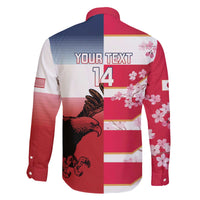 USA and Japan Rugby Custom Family Matching Off The Shoulder Long Sleeve Dress and Hawaiian Shirt Eagles Brave Blossoms Together Pacific - Polynesian Pride