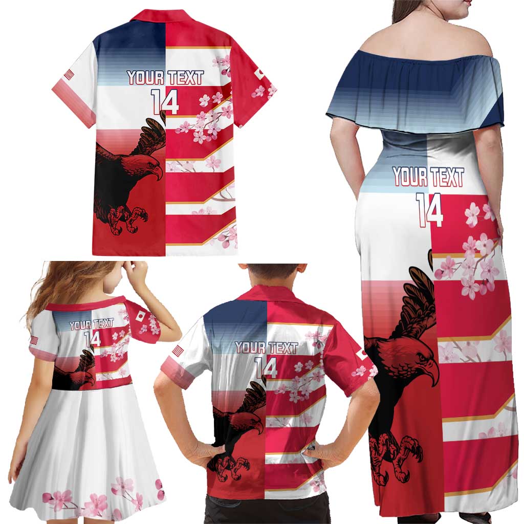 USA and Japan Rugby Custom Family Matching Off Shoulder Maxi Dress and Hawaiian Shirt Eagles Brave Blossoms Together Pacific - Polynesian Pride
