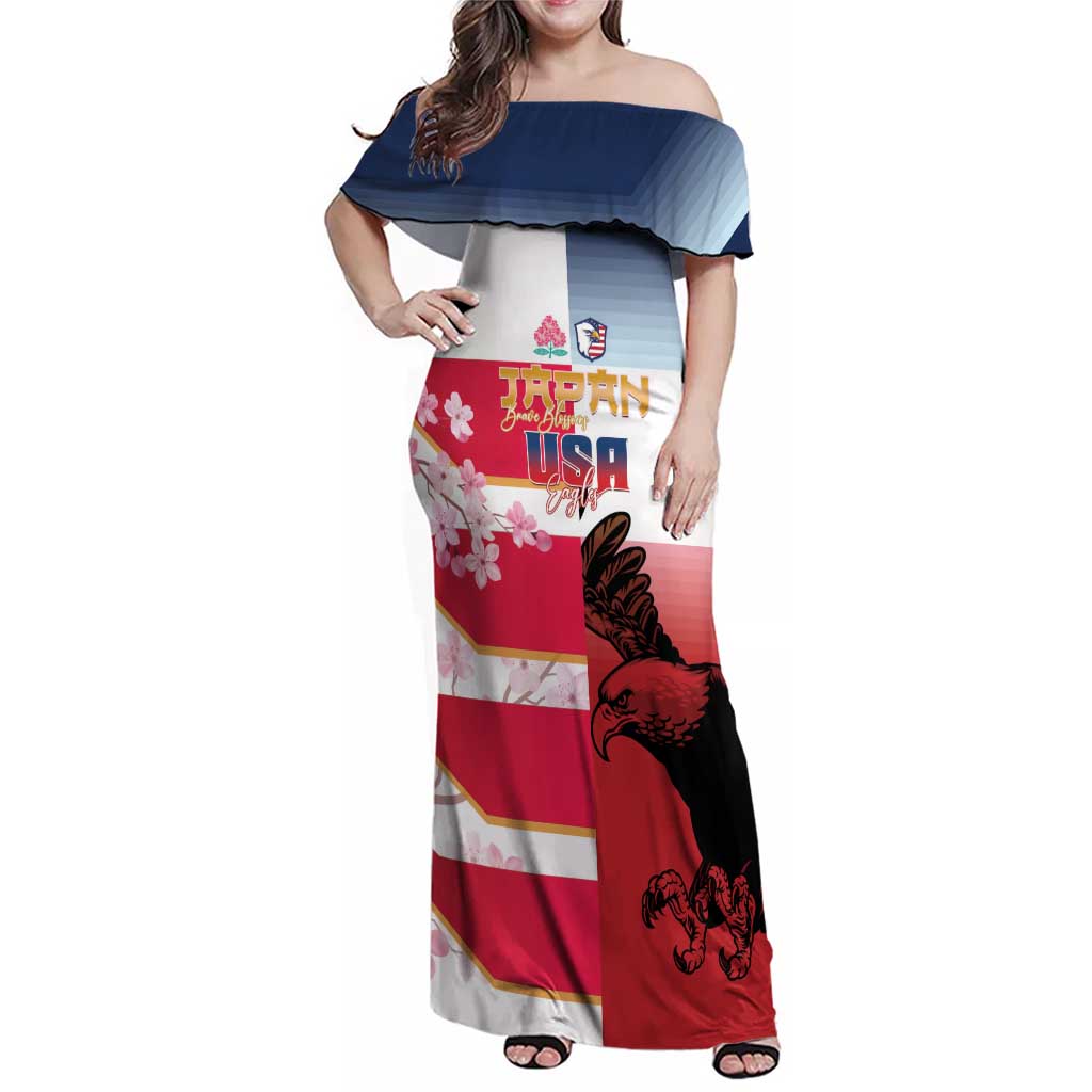 USA and Japan Rugby Custom Family Matching Off Shoulder Maxi Dress and Hawaiian Shirt Eagles Brave Blossoms Together Pacific - Polynesian Pride