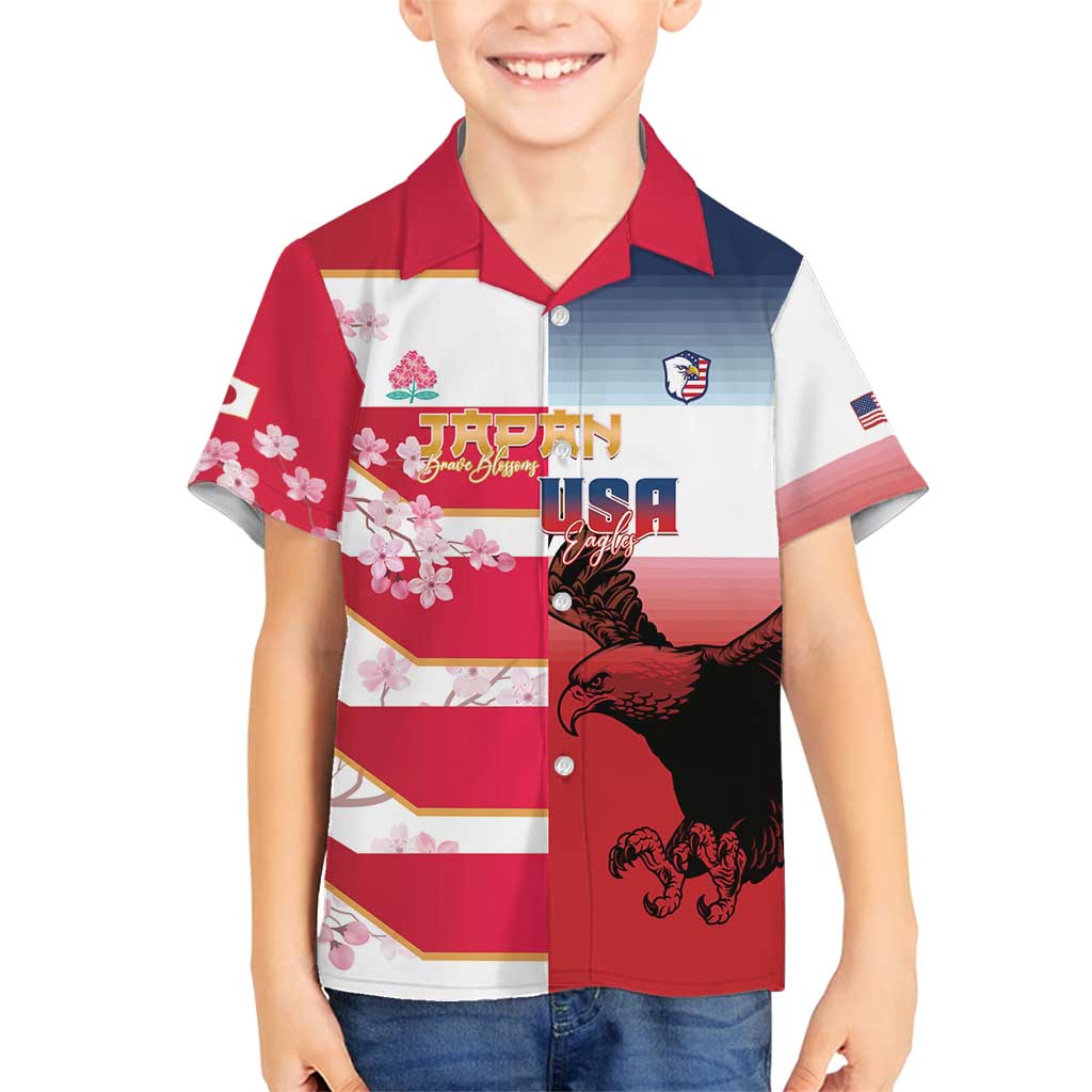 USA and Japan Rugby Custom Family Matching Puletasi and Hawaiian Shirt Eagles Brave Blossoms Together Pacific - Polynesian Pride