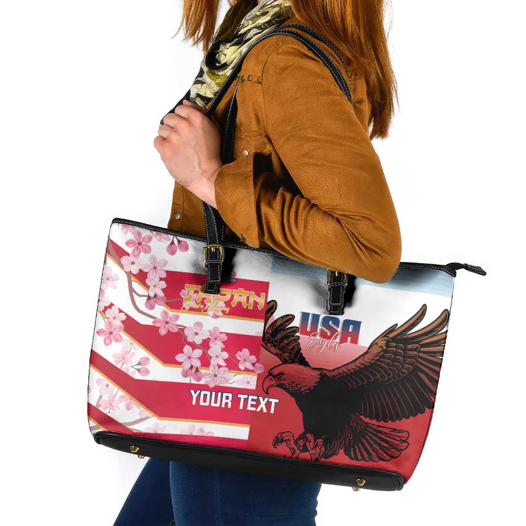 USA and Japan Rugby Custom Leather Tote Bag Eagles Brave Blossoms Together Pacific - Polynesian Pride