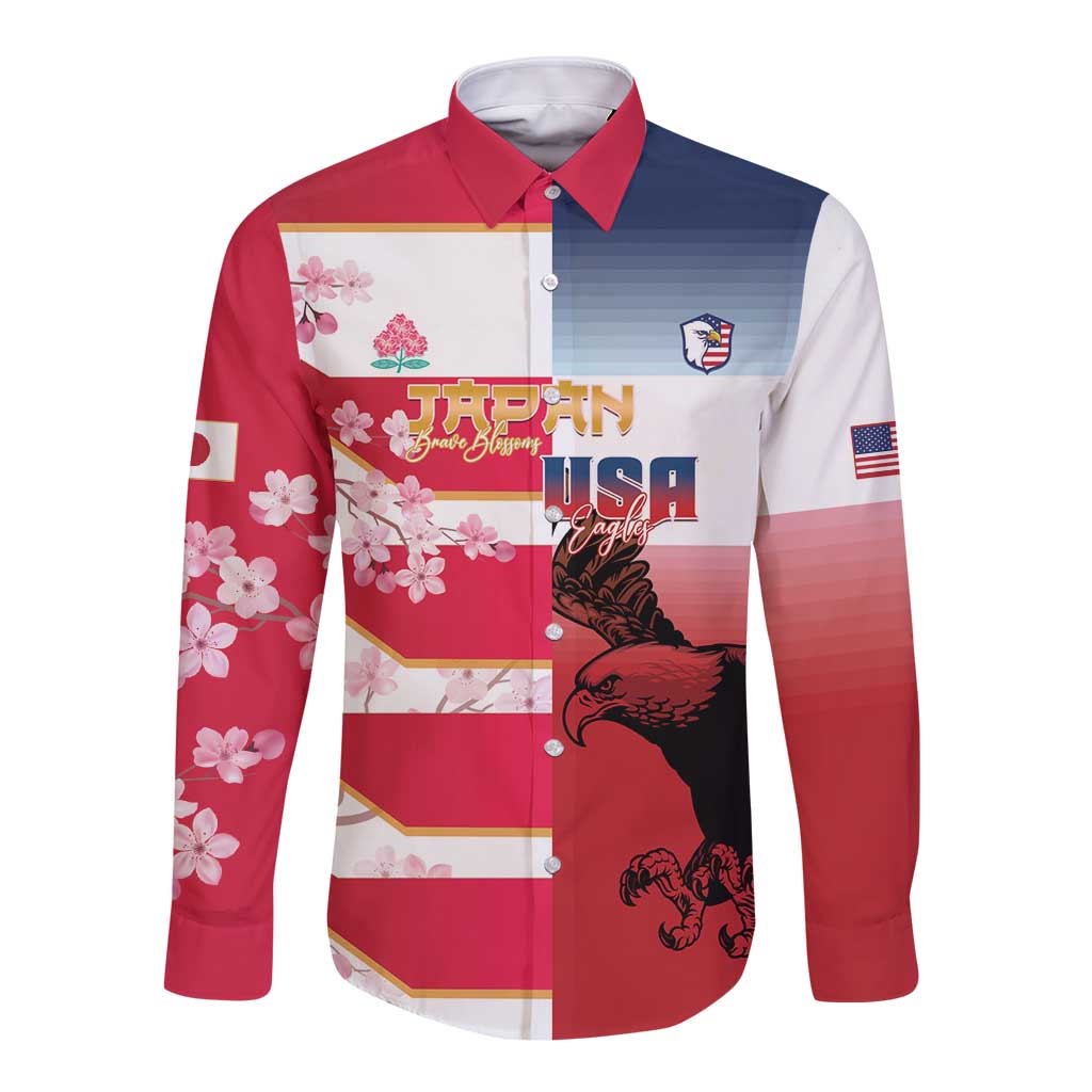 USA and Japan Rugby Custom Long Sleeve Button Shirt Eagles Brave Blossoms Together Pacific - Polynesian Pride