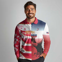 USA and Japan Rugby Custom Long Sleeve Polo Shirt Eagles Brave Blossoms Together Pacific - Polynesian Pride